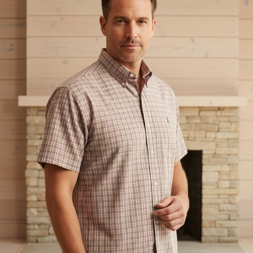 Men's Classic Ralph Lauren Pink/Green‎ Plaid Short Sleeve Shirt Button Up Preppy